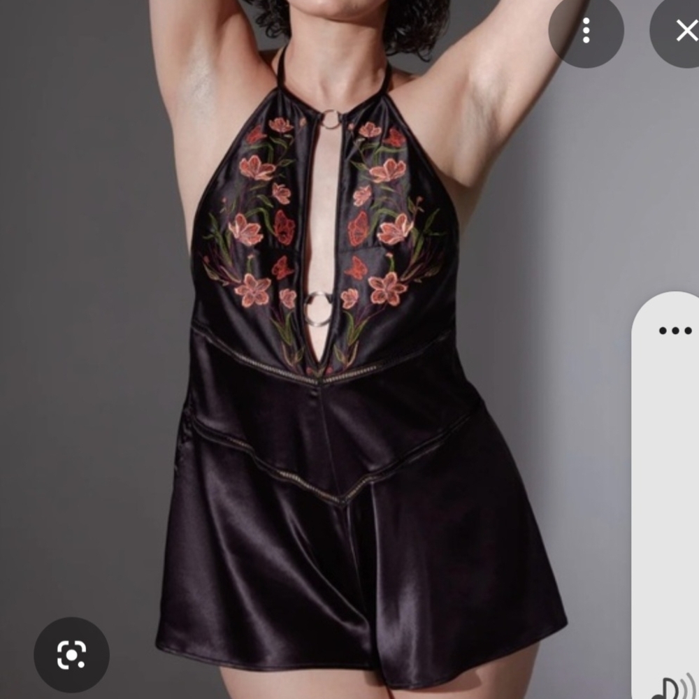 NWOT Thistle and Spire Persephone Teddy Black Satin Halter Romper Lingerie